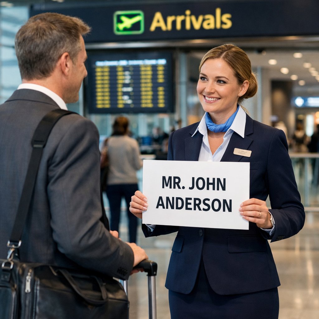 Arrival airport meet and greet service — greeter with name-board at Indian airport