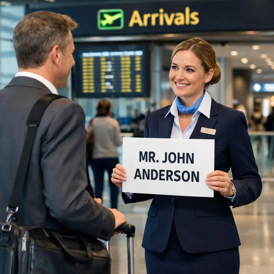 Arrival airport meet and greet service — greeter with name-board at Indian airport