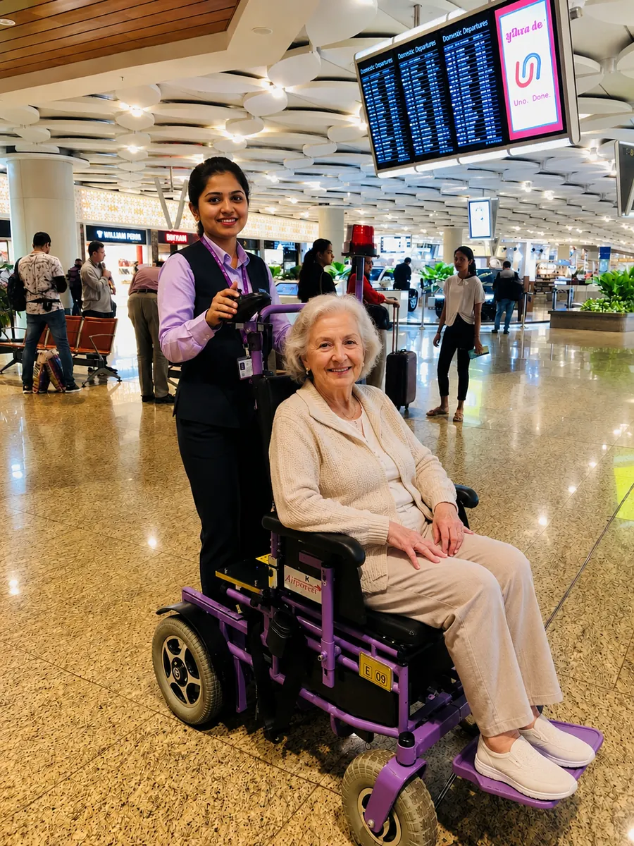Trained attendant guiding an elderly passenger in a motorized wheelchair through Delhi airport terminal