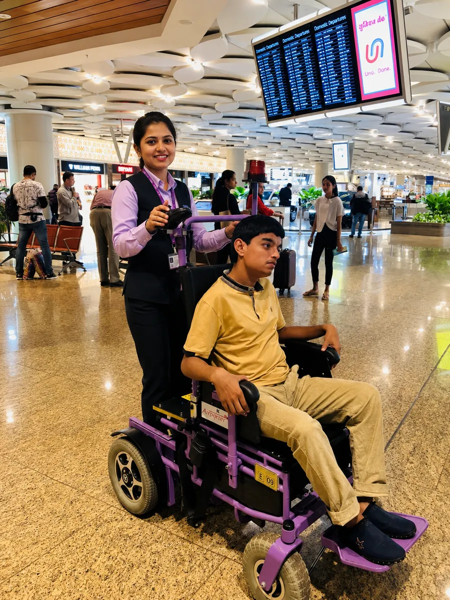 Airport staff member escorting a passenger in a wheelchair past a flight information display